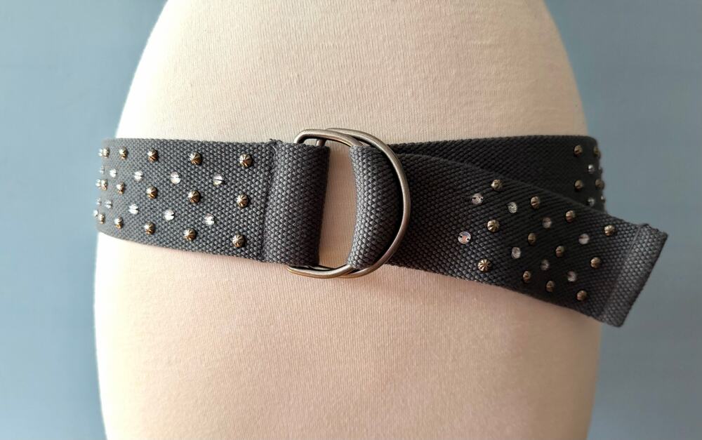 Wide Gray Studded Woven Fabric Belt w/Dbl D-Ring Buckle sz 8